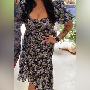 Astr the Label blue floral, puff sleeve, asymmetrical dress.
